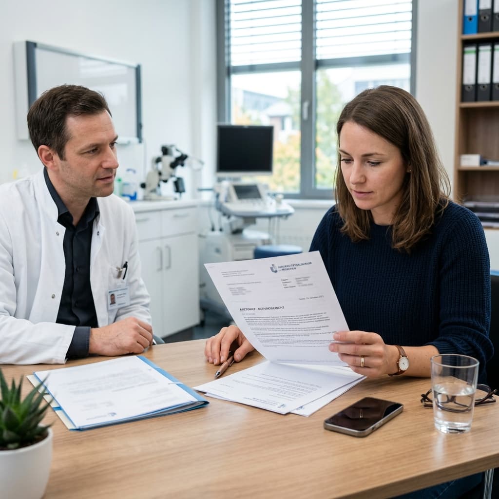 Patient liest Arztbrief und Befunde am Schreibtisch
