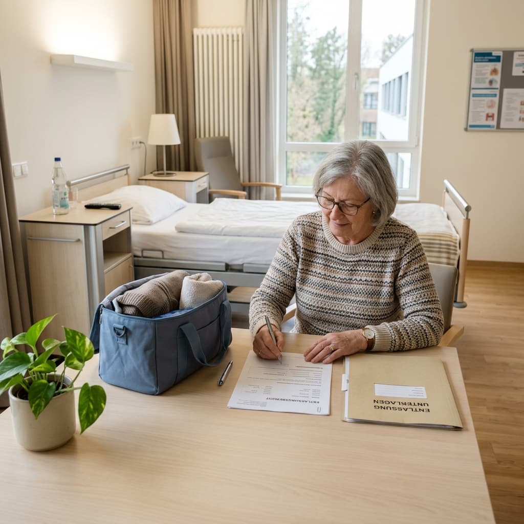 Patient bereitet Krankenhausentlassung mit Unterlagen vor